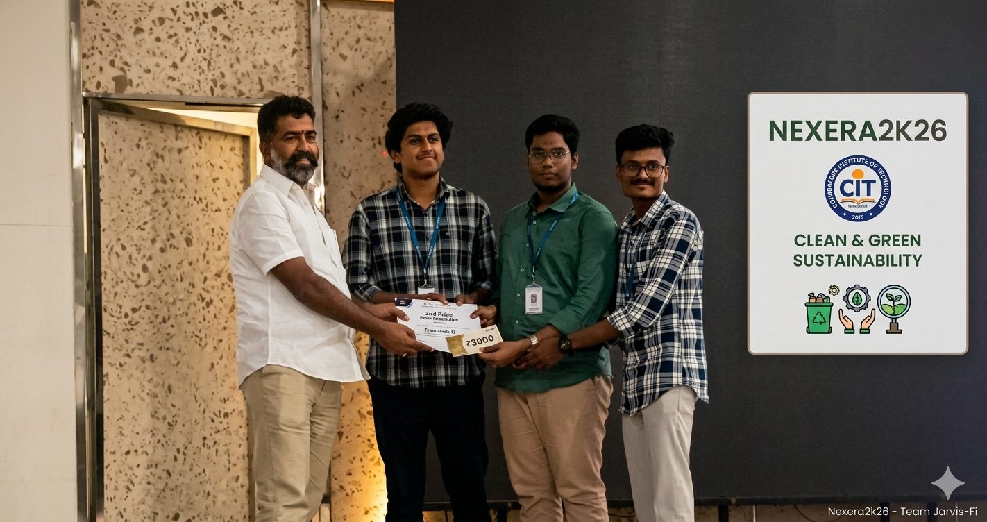 Three students receiving the first runner-up paper presentation award on stage at NEXERA'26, Coimbatore Institute of Technology.